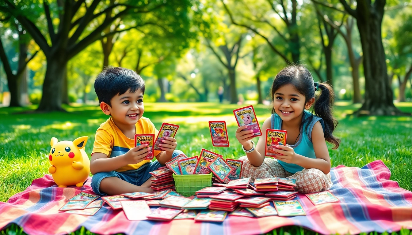 Explore Pokemon cards india through an exciting scene of kids trading their colorful cards in a sunny park.