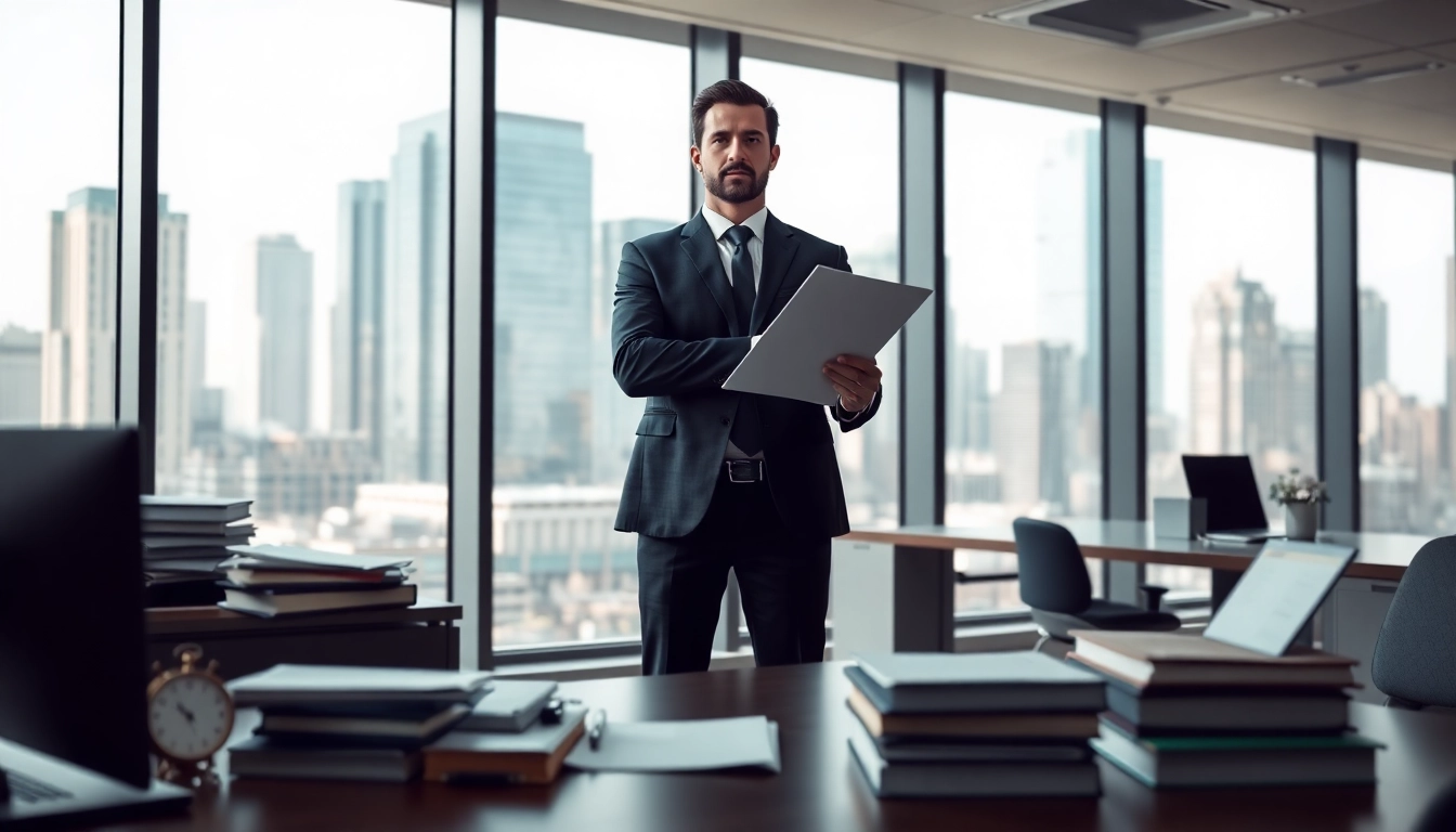 Process server delivering legal documents in a professional urban office setting.