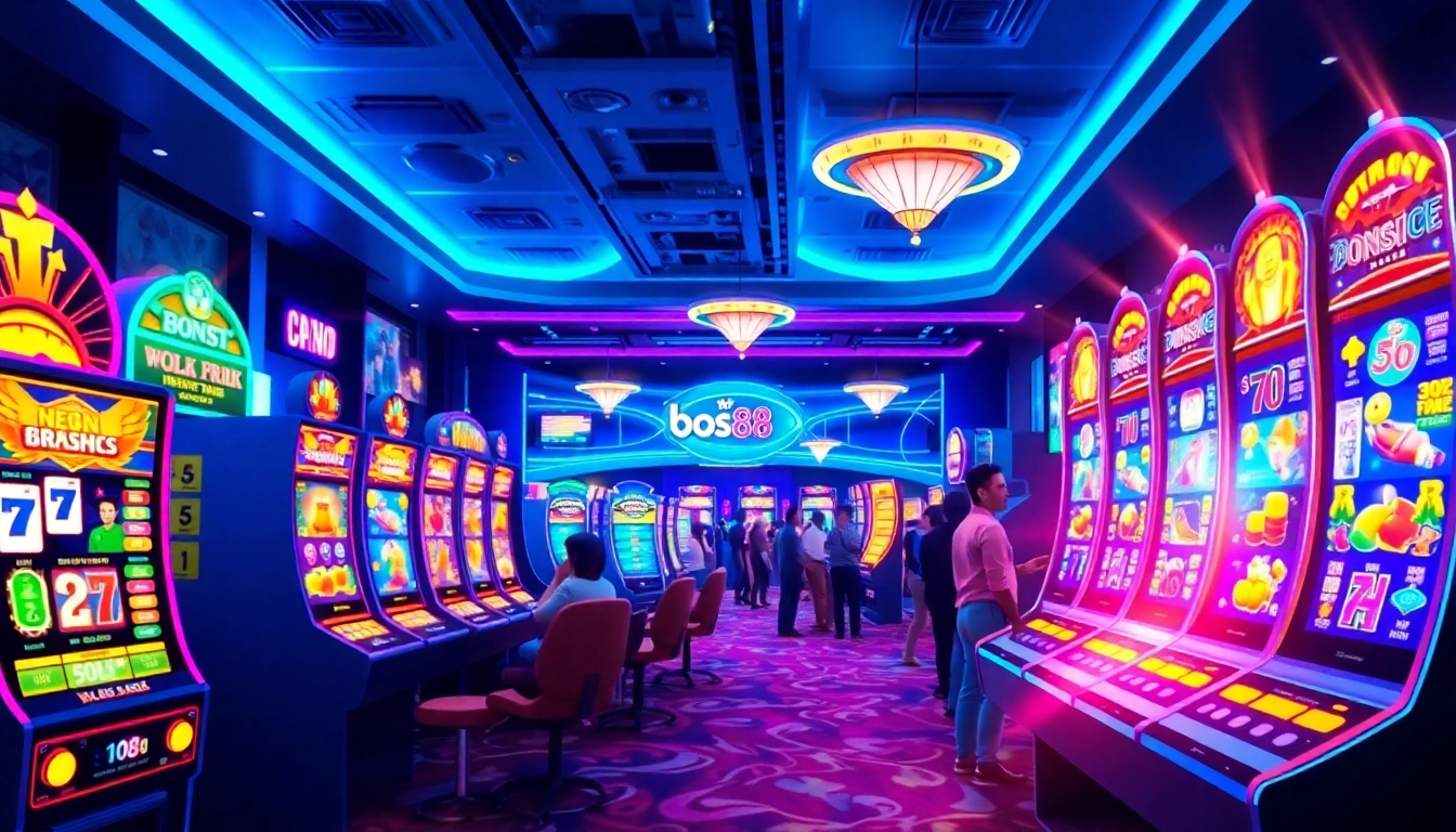 Permainan bos88 slot yang mengasyikkan dengan mesin slot warna-warni di kasino.