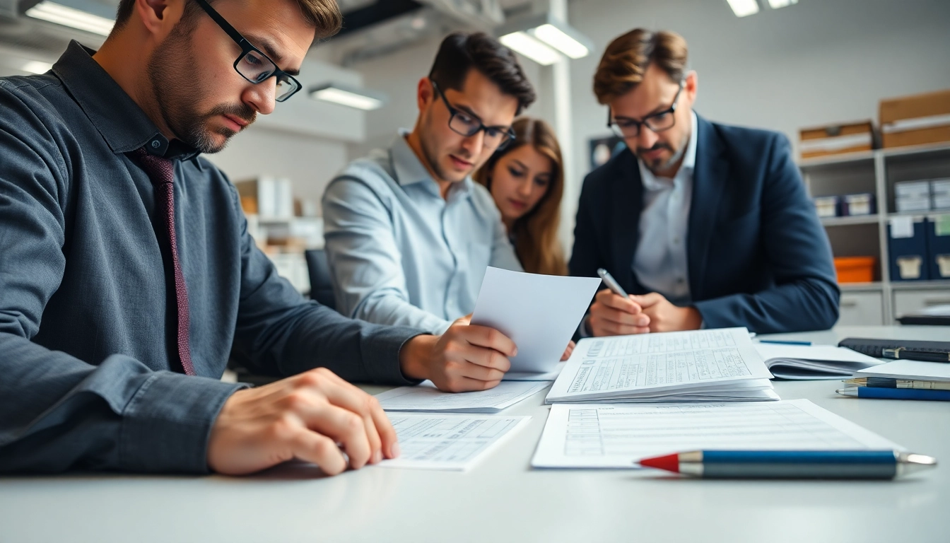 Performing Fixed Assets Verification with professionals examining asset tags and records in an office.
