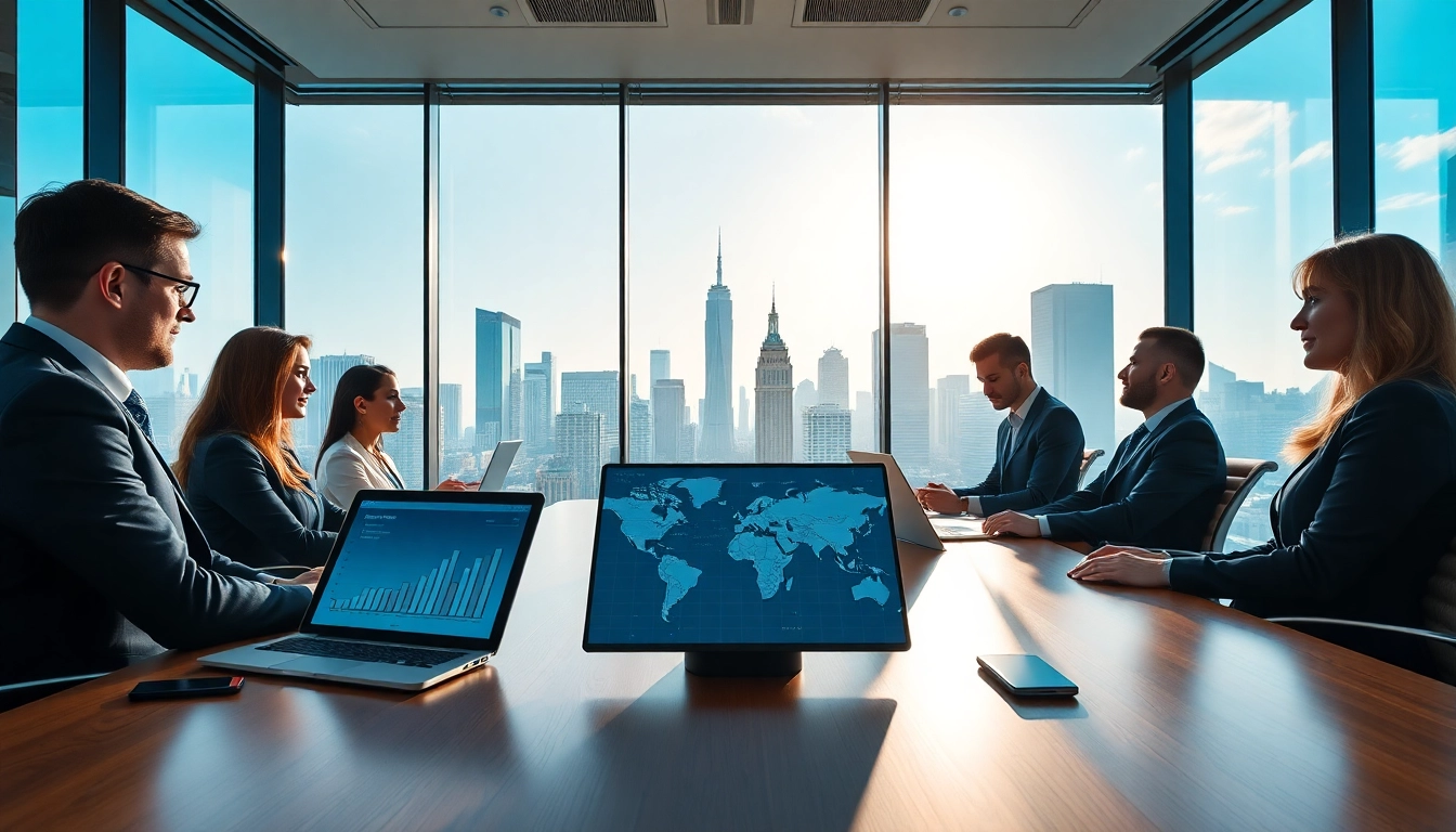 Agents discussing international real estate market trends in a modern office setting.